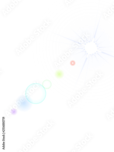 White concentric circular pattern with bright lens flare and colorful floating geometric rings