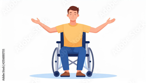 Wheelchair man with open arm, disabled person, calm smile, isolated white background