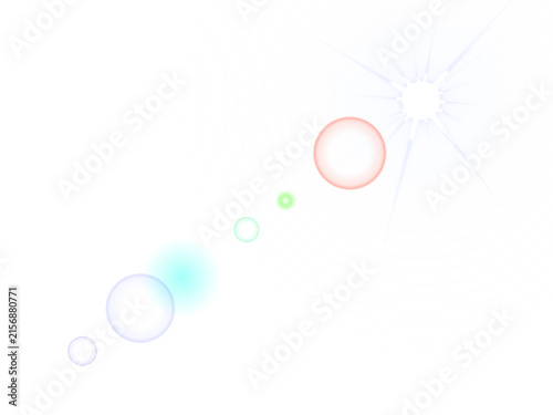 White concentric circular pattern with bright star flare and colorful floating geometric lens orbs