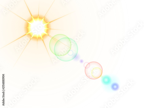 Yellow circular pattern with a radiant star burst and a trail of colorful floating lens flares