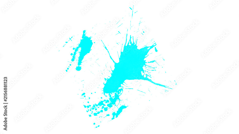 Fototapeta premium Cyan blue paint splash on white background. Vibrant ink splatter texture, artistic turquoise liquid spray for creative design projects.