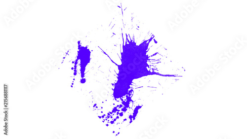 Vibrant purple ink splash on white background, abstract violet paint splatter, artistic liquid blot with messy droplets