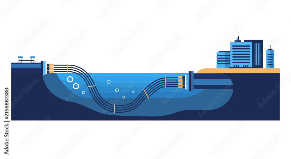Fototapeta premium Submarine Fiber Optic Cable Illustration: Undersea Data and Power Transmission Cross-Section for Global Connectivity and Digital Infrastructure