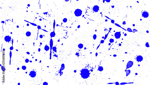 Vibrant blue ink splatters on white background. Abstract paint drips and messy liquid droplets. Artistic ink blot texture for creative design.