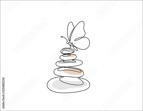 Single continuous line art of a butterfly sitting on zen stones, spa and nature relaxation concept, hand drawn illustration