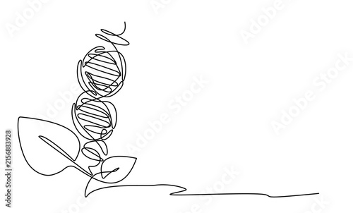 Single continuous line art of a sprout transforming into DNA double helix, life and genetic code metaphor, hand drawn illustration