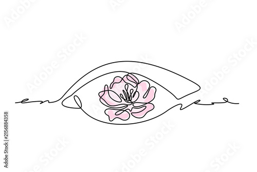 Single continuous line art of an eye with a flower inside as pupil, inner beauty and blooming perception concept, hand drawn illustration