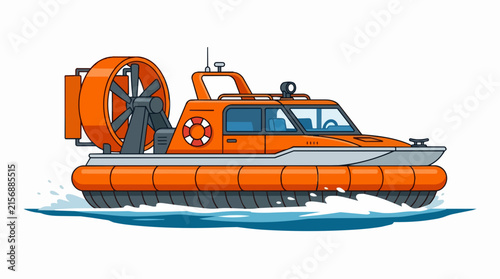 Modern Orange Air Cushion Vehicle Hovercraft Moving on Water for Emergency Rescue and Marine Transport Operations