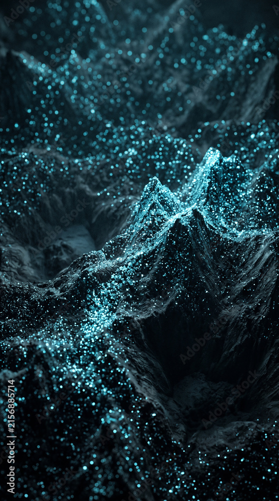 Fototapeta premium Dark mountainous terrain landscape with glowing cyan particulate energy field mountains landscape