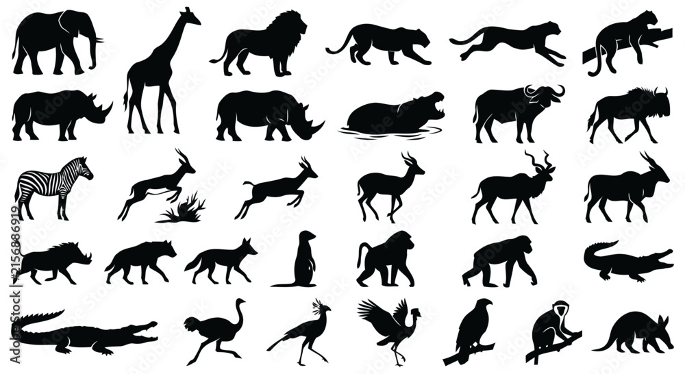 Naklejka premium Wild animal silhouette collection featuring African mammals, reptiles, birds, and forest wildlife
