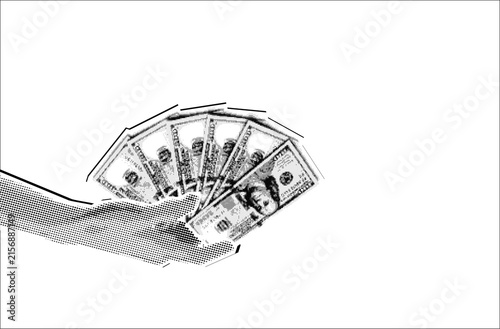 Collage element of a hand holding dollar bills fanned out, halftone newspaper style on white background, wealth and finance concept