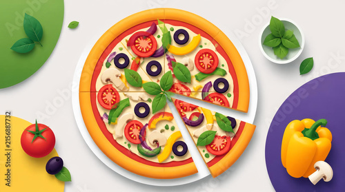 Fresh vegetable pizza with colorful toppings on white background