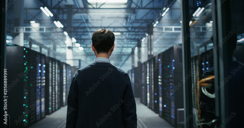 Fototapeta premium Rear View of Asian Female Data Center Engineer Walking Along Server Rack Aisle During Facility Walkthrough, Surveying Hardware Infrastructure and Uptime Status in AI Cloud Computing Warehouse.