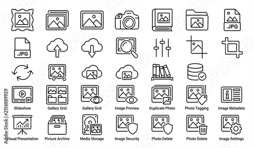 Cuadro en lienzo Photo management digital gallery image storage outline vector icon set