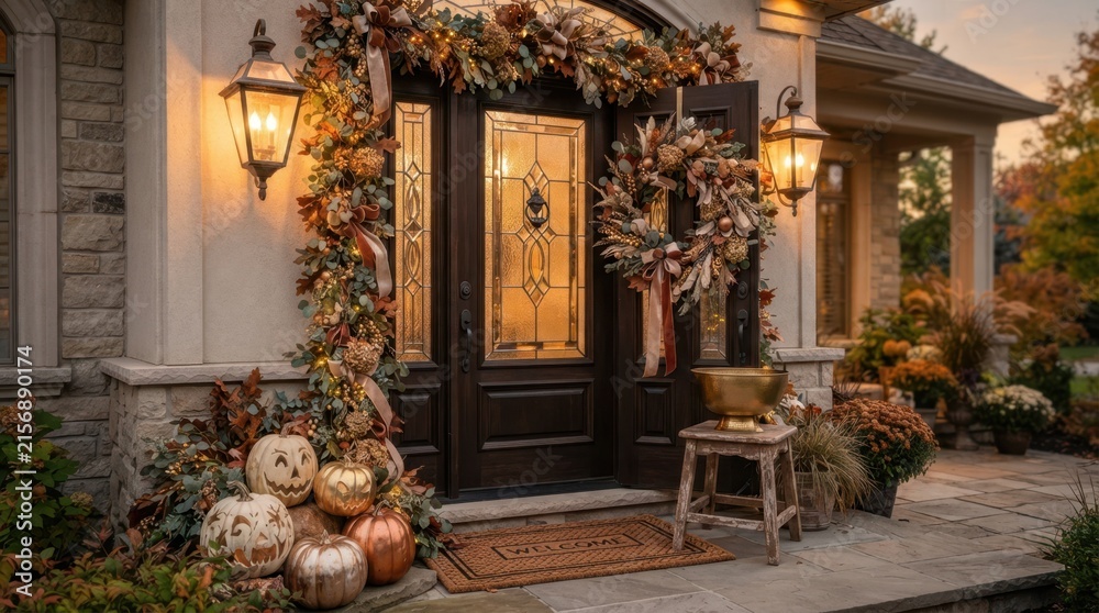 Naklejka premium Elegant autumn porch decor with pumpkins and festive wreath welcomes guests