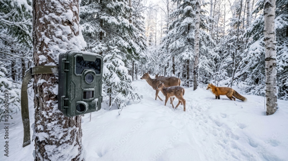 Naklejka premium Wildlife camera captures deer and fox in a snowy winter forest landscape