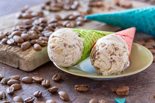 Coffee Ice Cream in Waffle Cones.
