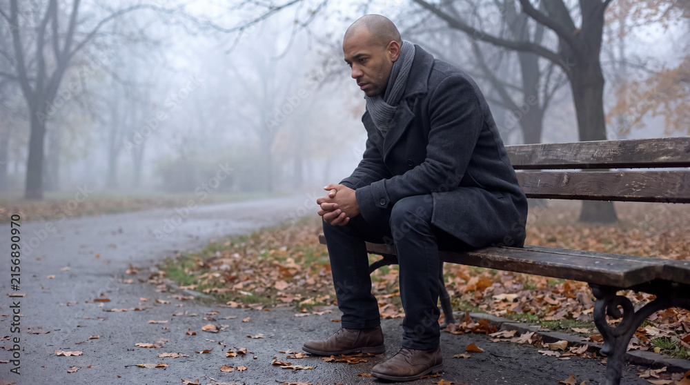 Naklejka premium Man sits pensively on a misty park bench, feeling lonely and depressed
