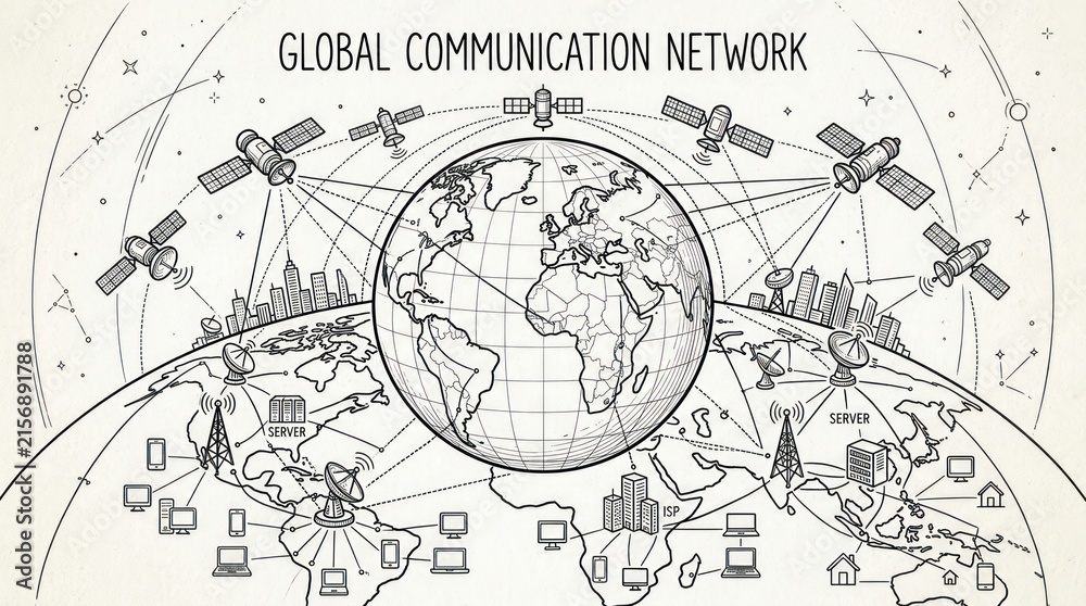 Obraz premium Modern Black and White of Global Communication Network with Satellites Servers ISPs and Devices