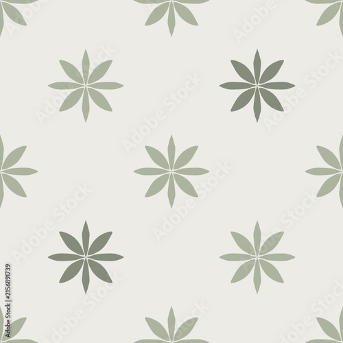 Delicate repeating tile pattern featuring small botanical flowers in varied sage green tones on a light cream background.