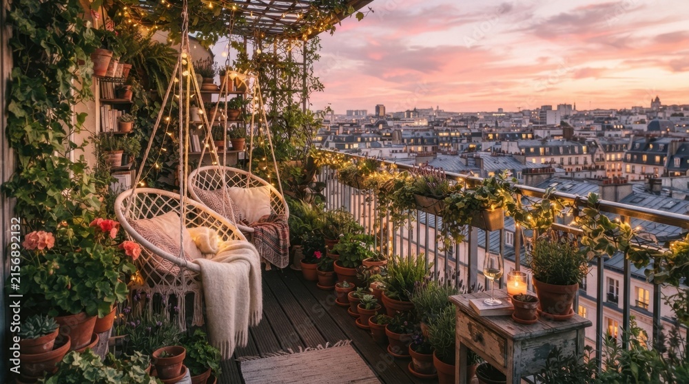 Fototapeta premium Cozy balcony oasis with hanging chairs and city view at sunset