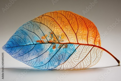 Close-up of a delicate leaf, painted with watercolor hues of blue and orange