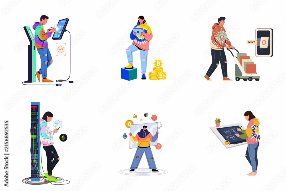 Fototapeta premium A collection of flat illustrations showing people interacting with cryptocurrency, blockchain technology, digital finance, and online trading concepts on white background.