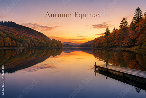 Peaceful Autumn Equinox Sunset Over Reflective Lake with Wooden Pier