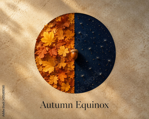 Creative Autumn Equinox Composition With Maple Leaves And Starry Sky