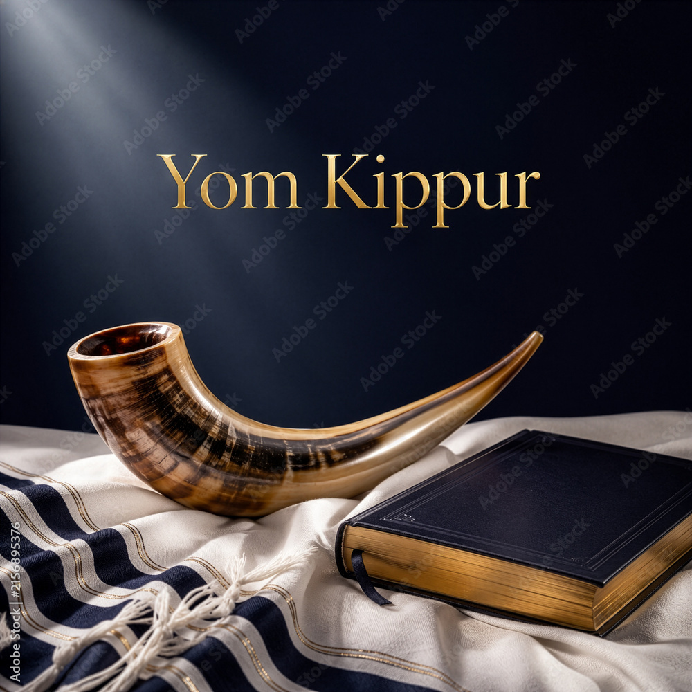 Obraz premium Yom Kippur Jewish Holiday Shofar and Tallit Prayer Book Composition