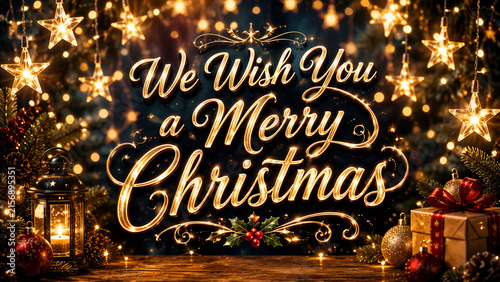 Golden We Wish You a Merry Christmas Typography with Holiday Lights