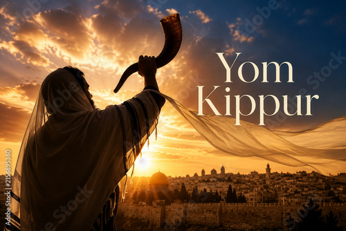 Jewish Man Blowing Shofar Over Jerusalem Skyline Sunset for Yom Kippur