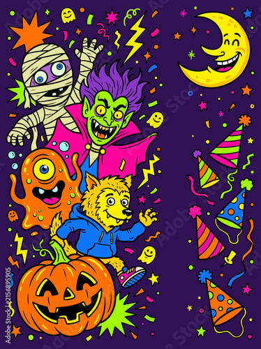 Festive Halloween party characters with jack-o-lanterns and party hats