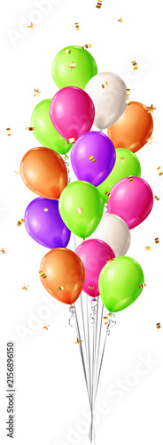 Vibrant balloons in various colors like pink, purple, green, orange, and white are tied together with silver ribbons, surrounded by gold confetti and stars.
