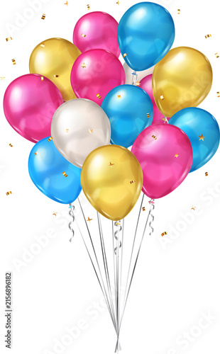 Vibrant pink, blue, gold, and white balloons tied together with ribbons, surrounded by scattered gold confetti, creating a festive atmosphere.