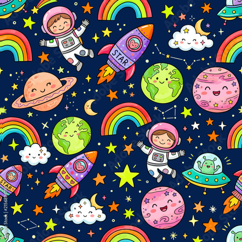 Seamless pattern with cute astronauts planets and rockets in outer space for kids