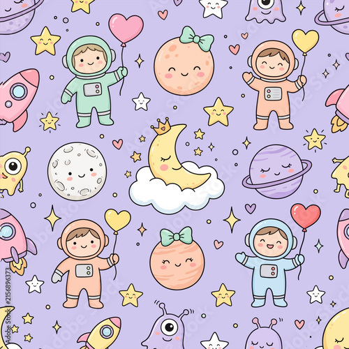 Cute hand drawn seamless pattern with little astronauts and planets on pastel purple background