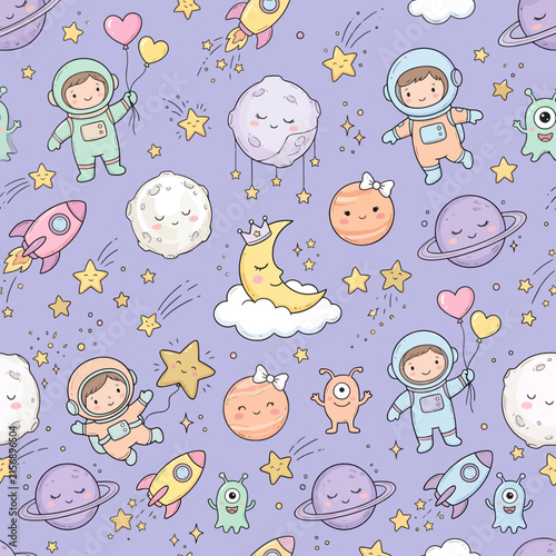 Repeating vector illustration of baby astronauts floating in space with moons and stars