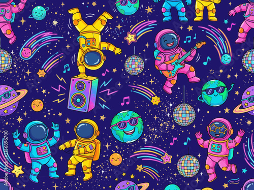 Funky space disco seamless pattern with astronauts dancing and disco balls in dark blue sky