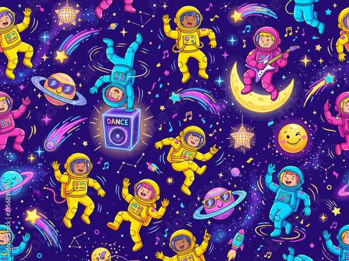 Energetic space party seamless background with dancing astronauts and musical instruments