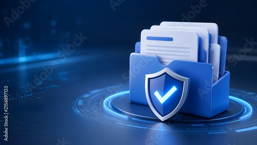 Blue folder with glowing checkmark shield on futuristic background. Concept of cybersecurity data protection, digital privacy, and secure storage.