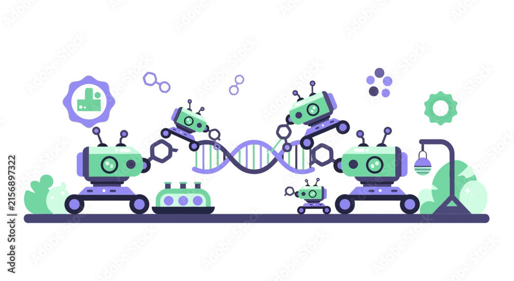Fototapeta premium Tiny Robots Manipulating DNA Helix Vector Illustration