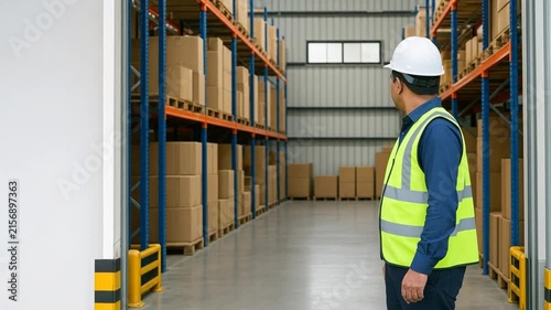 Male worker in hardhat and safety vest looking at warehouse inventory