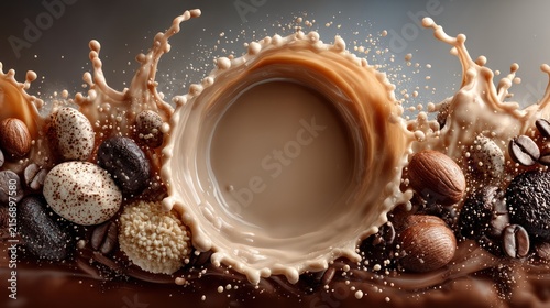 Close-up of coffee splashing around a central dark pool, surrounded by nuts, sweets, and beans