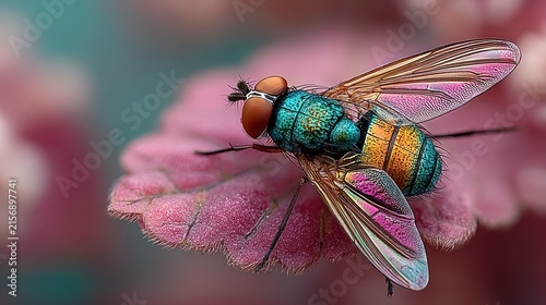 A close-up shot of a colorful insect with iridescent wings resting on a pinkish leaf