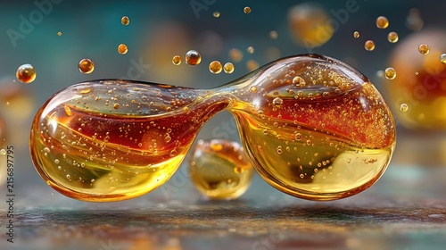 Macro shot of glowing droplets, two conjoined spheres, amber liquid, and tiny suspended bubbles