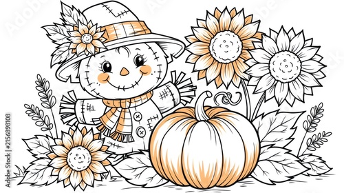 Cute scarecrow coloring page with pumpkin and sunflowers