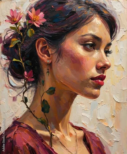 Elegant young woman with floral hair accessories and delicate jewelry in a textured painting style