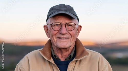 Smiling senior man looking at camera during sunset