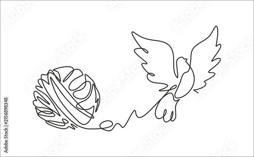 Single continuous line art of a yarn ball with a dove emerging, freedom and peace metaphor, hand drawn illustration